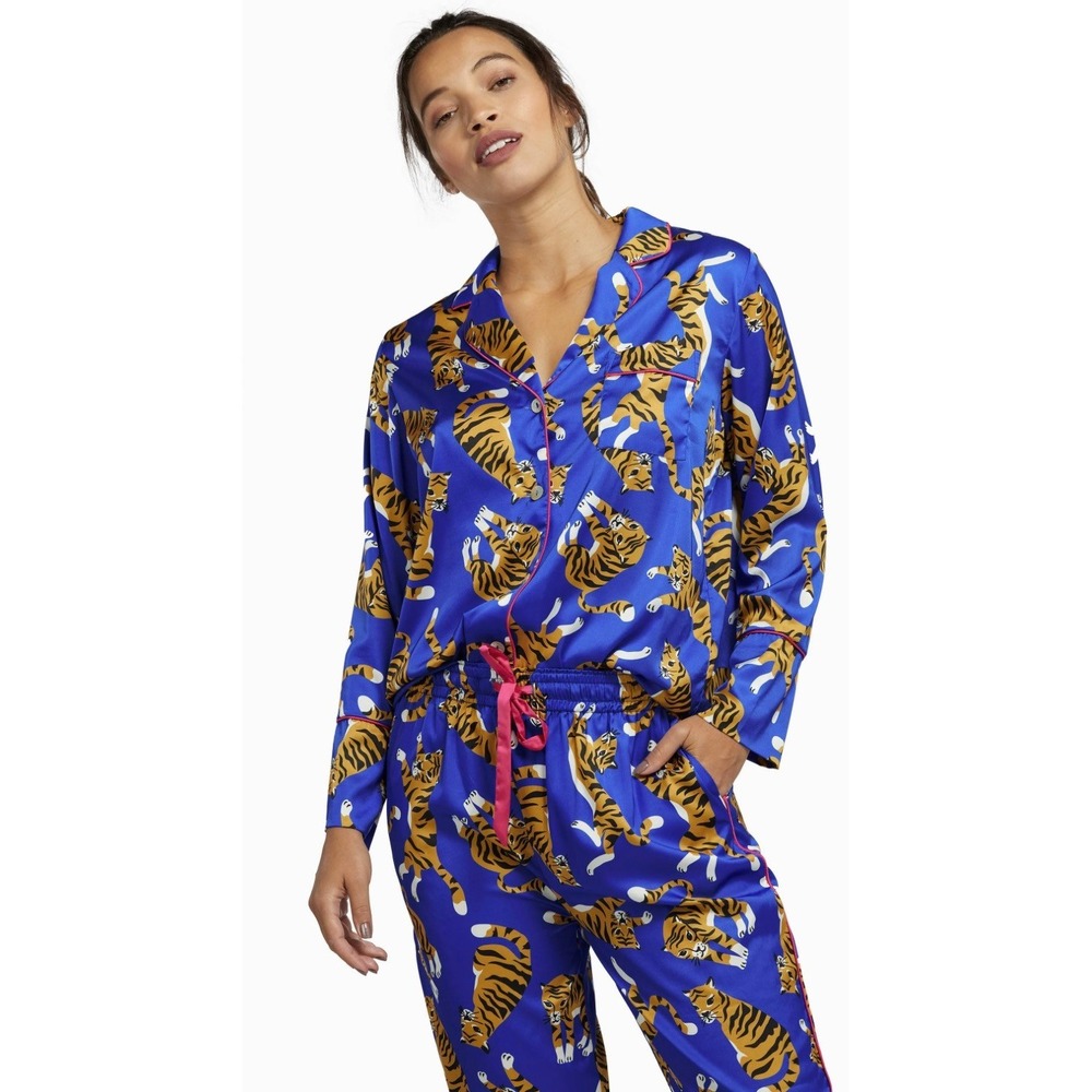 Kilo Brava Pajama Set Women S Blue Tiger Satin Playful Promises Excellent 2810